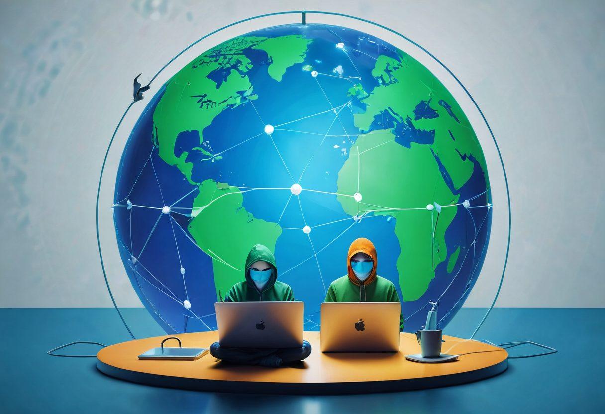A digital landscape featuring a locked padlock symbol overlaying a globe, surrounded by various privacy tools like a VPN icon, shielded browser window, and a masked figure browsing anonymously on a laptop. The background should represent a virtual network of interconnected nodes, suggesting internet connectivity while ensuring a sense of security. The color scheme should include deep blues and vibrant greens to convey a tech-savvy environment. super-realistic. vibrant colors. 3D.