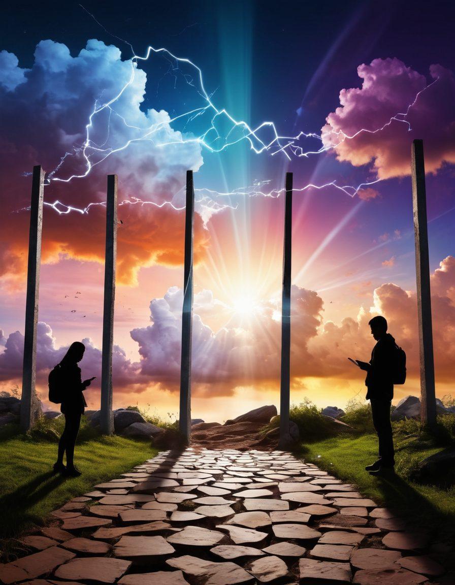 A digital landscape featuring a broken wall symbolizing barriers, with beams of light shining through, representing freedom and access to information. Include silhouettes of diverse individuals using devices to connect and share knowledge, surrounded by symbols of digital communication like clouds and waves. The background should reflect a mix of urban and natural elements to signify the global impact of digital freedom. vibrant colors. super-realistic.
