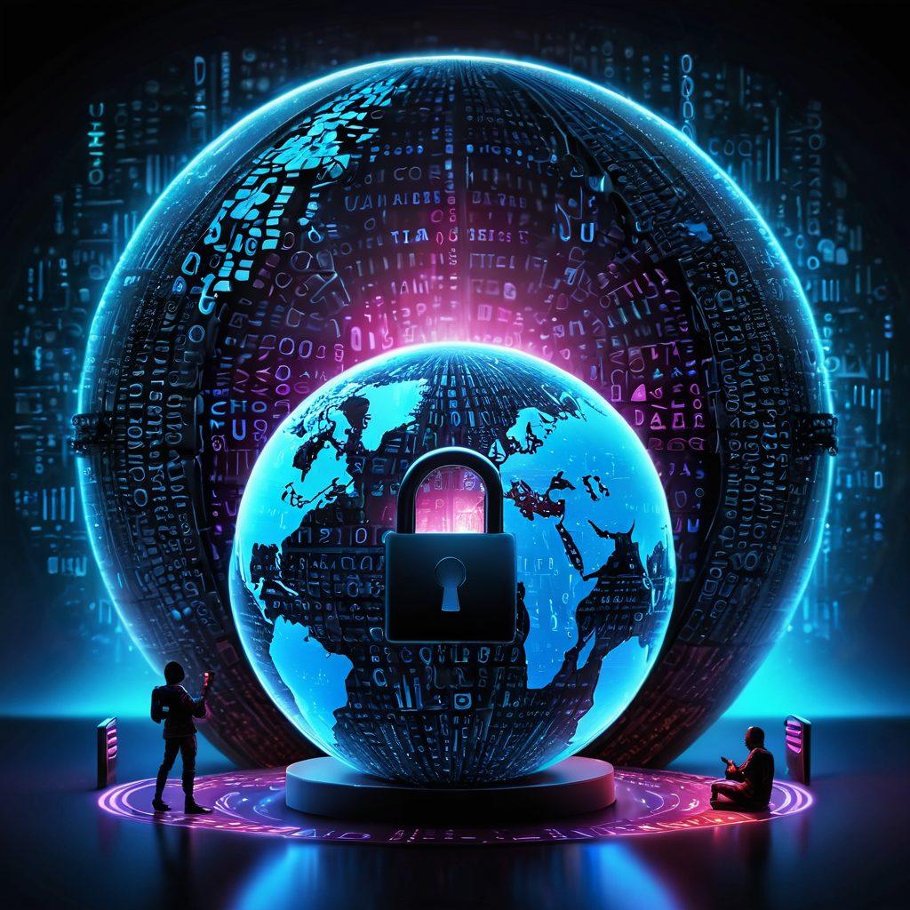 A digital lock being opened with binary code and a globe in the background, symbolizing internet freedom. Include masked figures representing users bypassing censorship, surrounded by shield icons for privacy protection. Use vibrant colors to enhance the digital theme, highlighting contrasting elements of security and openness. cyberpunk. super-realistic. vibrant colors.